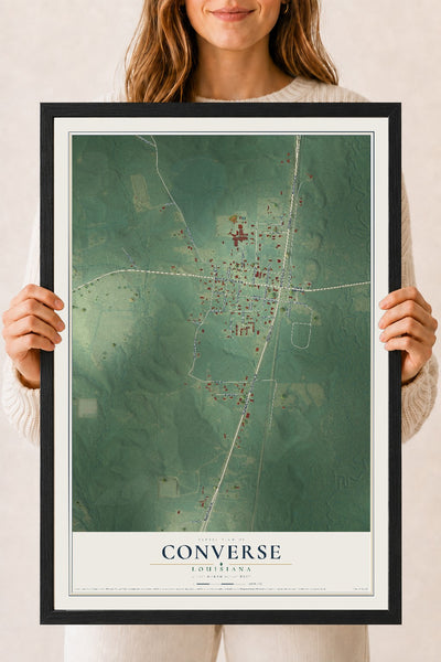 Map of Converse, Louisiana, 18 x 24 inch print in a black wood frame