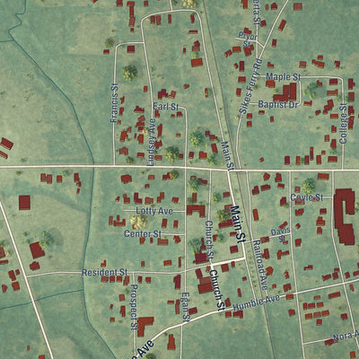 Close-up of the map of Cotton Valley, Louisiana print showing street and building detail
