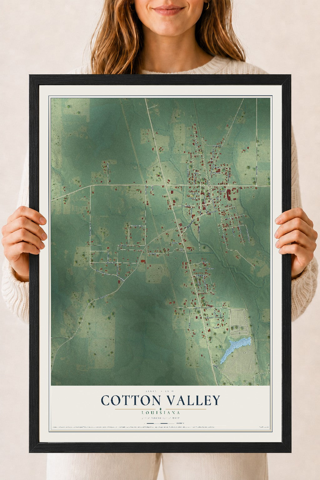 Map of Cotton Valley, Louisiana, 18 x 24 inch print in a black wood frame