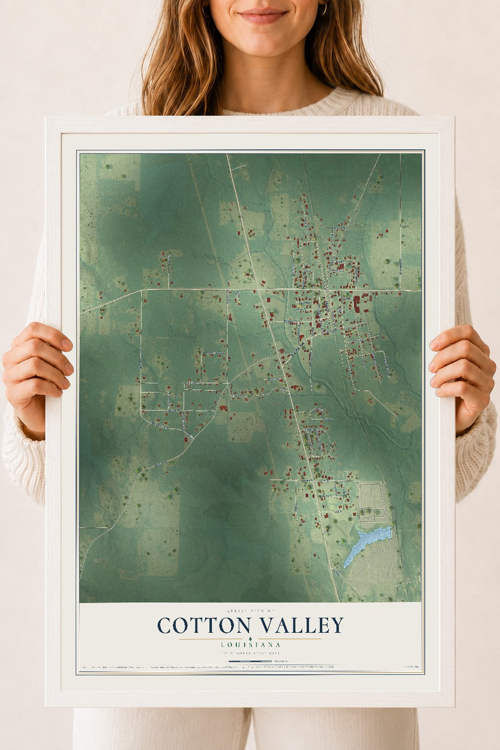 Map of Cotton Valley, Louisiana, 18 x 24 inch print in a white wood frame