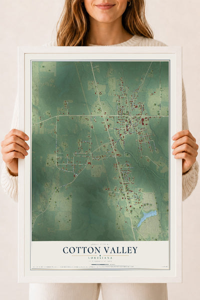 Map of Cotton Valley, Louisiana, 18 x 24 inch print in a white wood frame