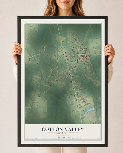 Map of Cotton Valley, Louisiana, 24 x 36 inch print in a black wood frame