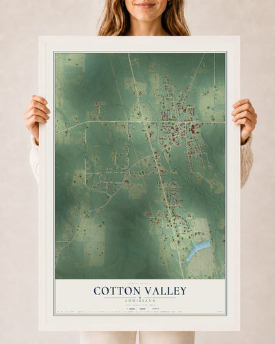 Map of Cotton Valley, Louisiana, 24 x 36 inch print in a white wood frame
