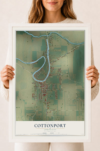 Map of Cottonport, Louisiana, 18 x 24 inch print in a white wood frame