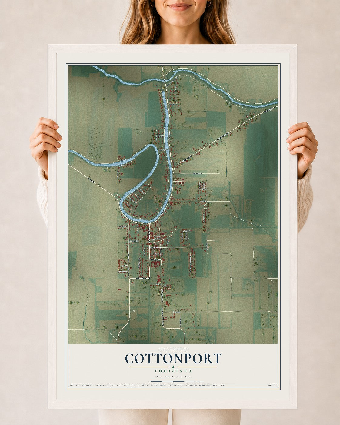 Map of Cottonport, Louisiana, 24 x 36 inch print in a white wood frame