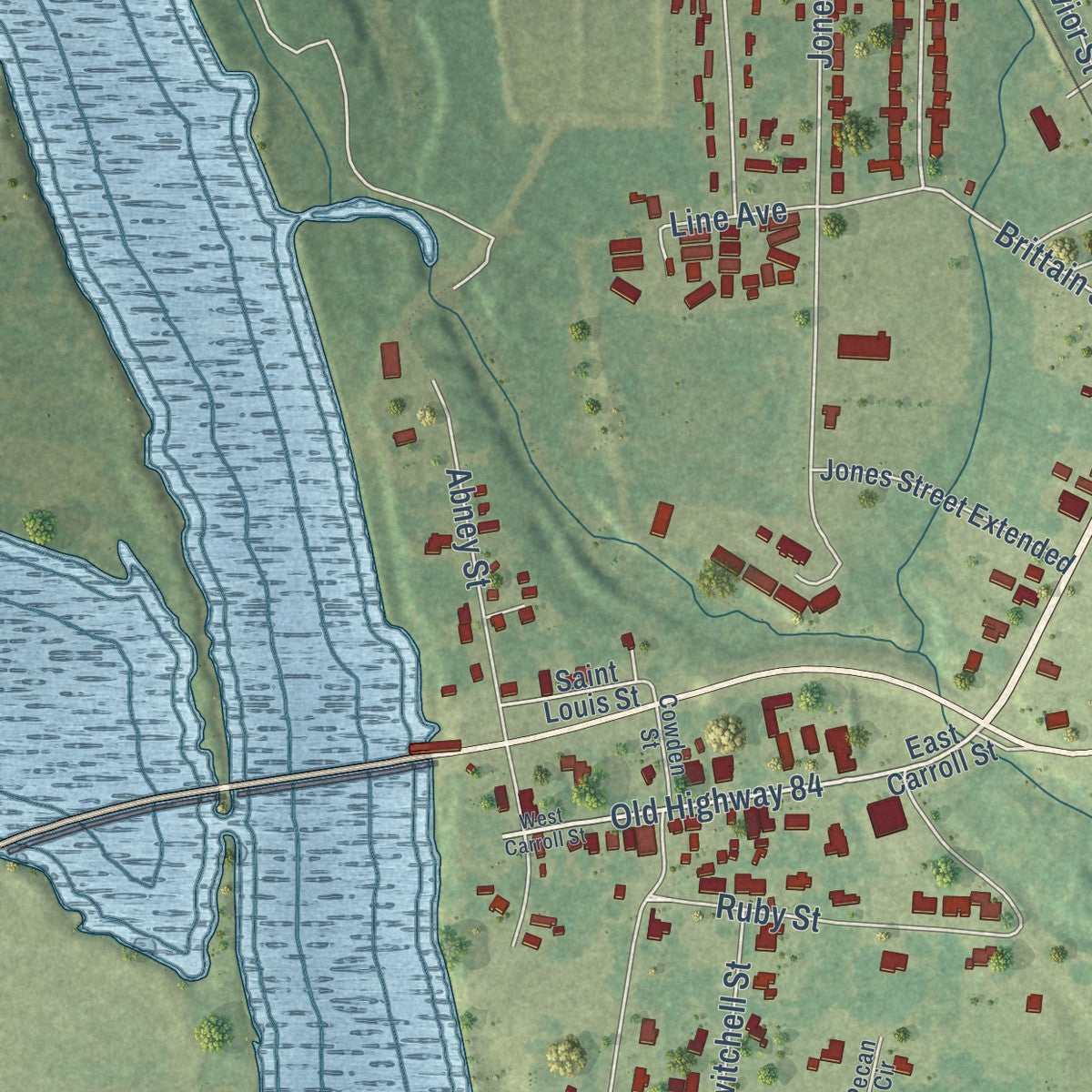 Close-up of the map of Coushatta, Louisiana print showing street and building detail