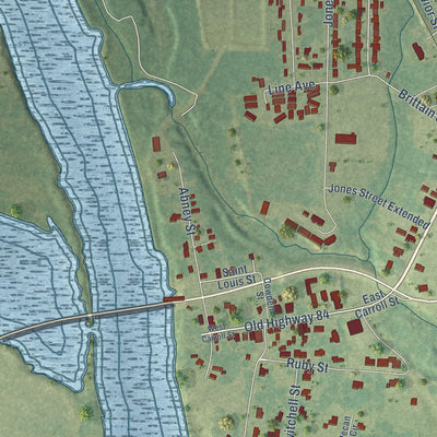 Close-up of the map of Coushatta, Louisiana print showing street and building detail