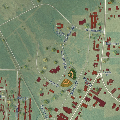 Second close-up of the map of Coushatta, Louisiana print showing more streets and buildings