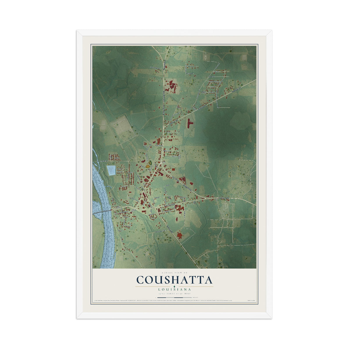 Map of Coushatta, Louisiana, 12 x 18 inch print in a white wood frame