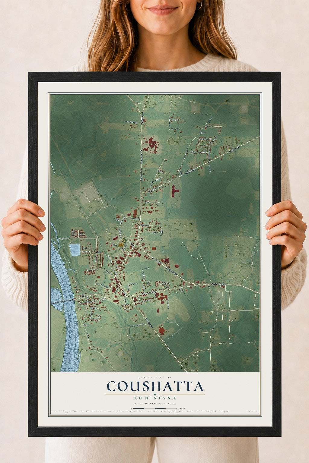 Map of Coushatta, Louisiana, 18 x 24 inch print in a black wood frame