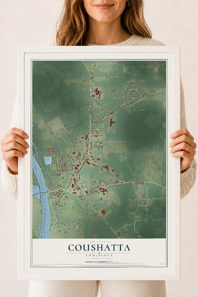 Map of Coushatta, Louisiana, 18 x 24 inch print in a white wood frame