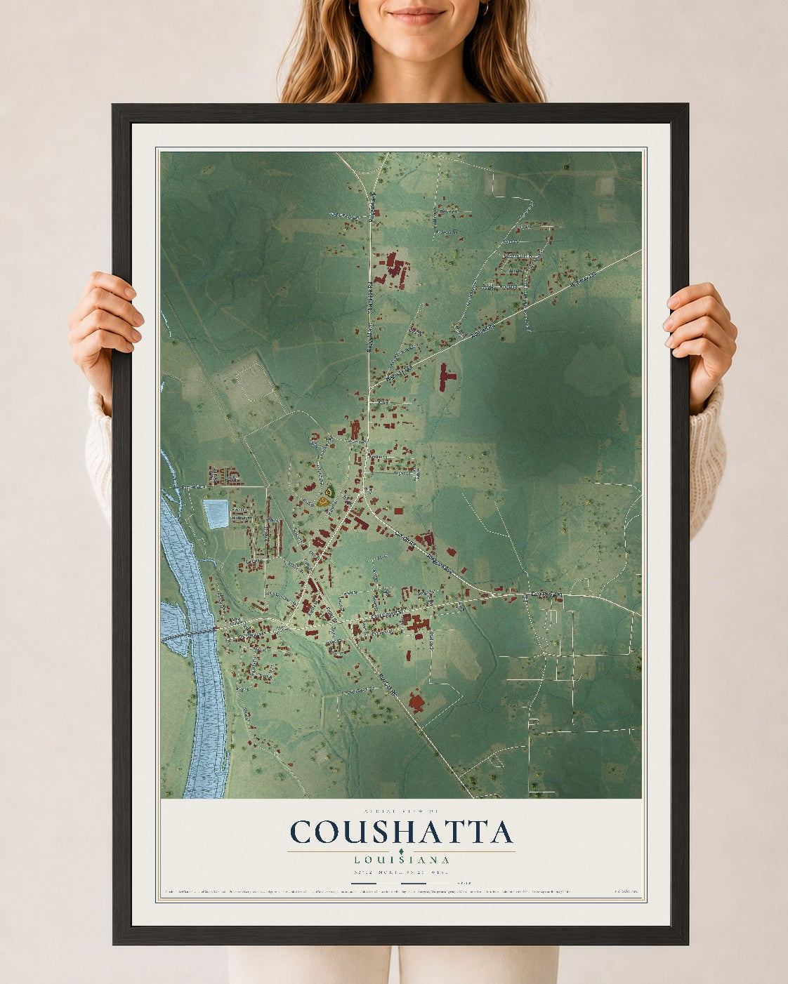 Map of Coushatta, Louisiana, 24 x 36 inch print in a black wood frame
