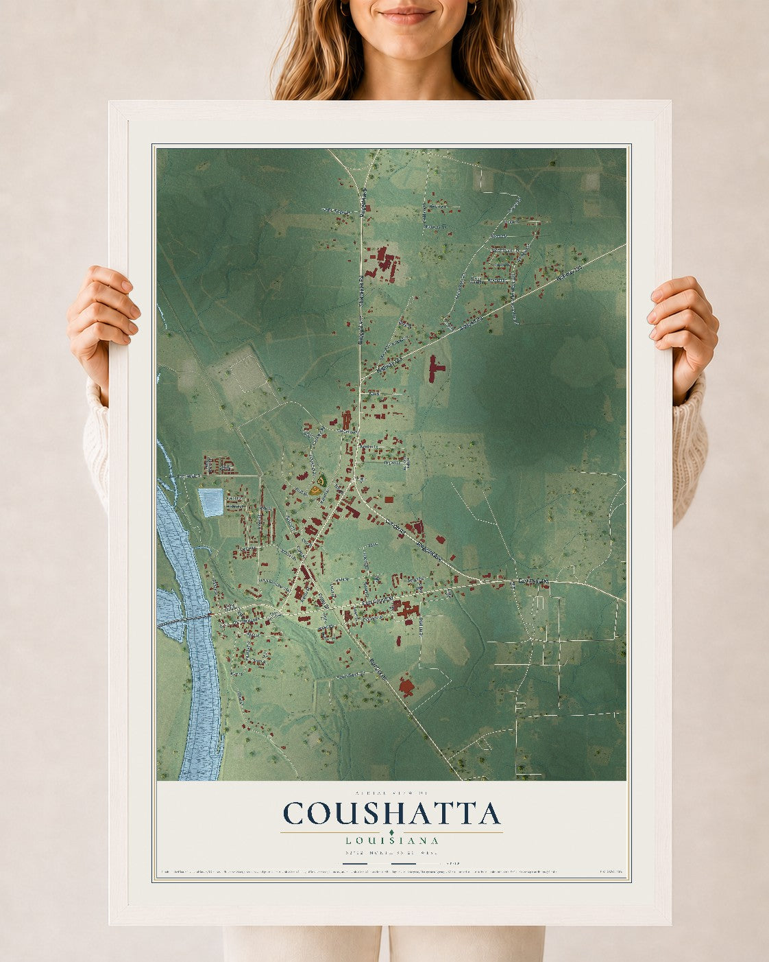Map of Coushatta, Louisiana, 24 x 36 inch print in a white wood frame