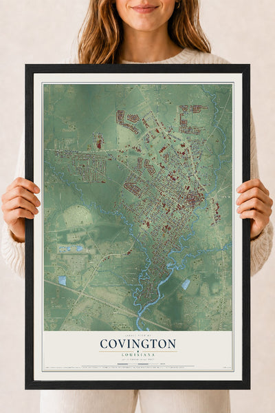 Map of Covington, Louisiana, 18 x 24 inch print in a black wood frame