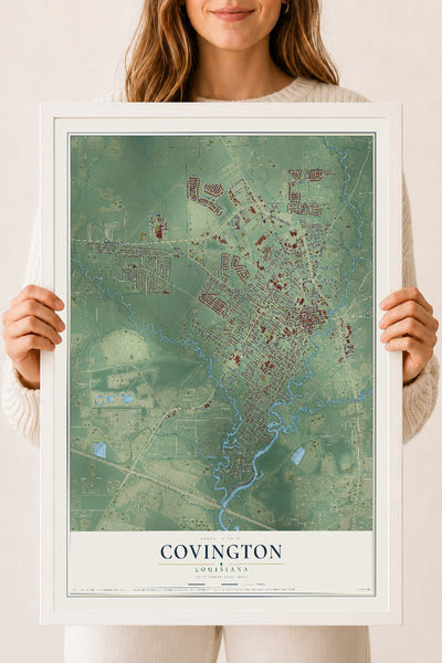 Map of Covington, Louisiana, 18 x 24 inch print in a white wood frame