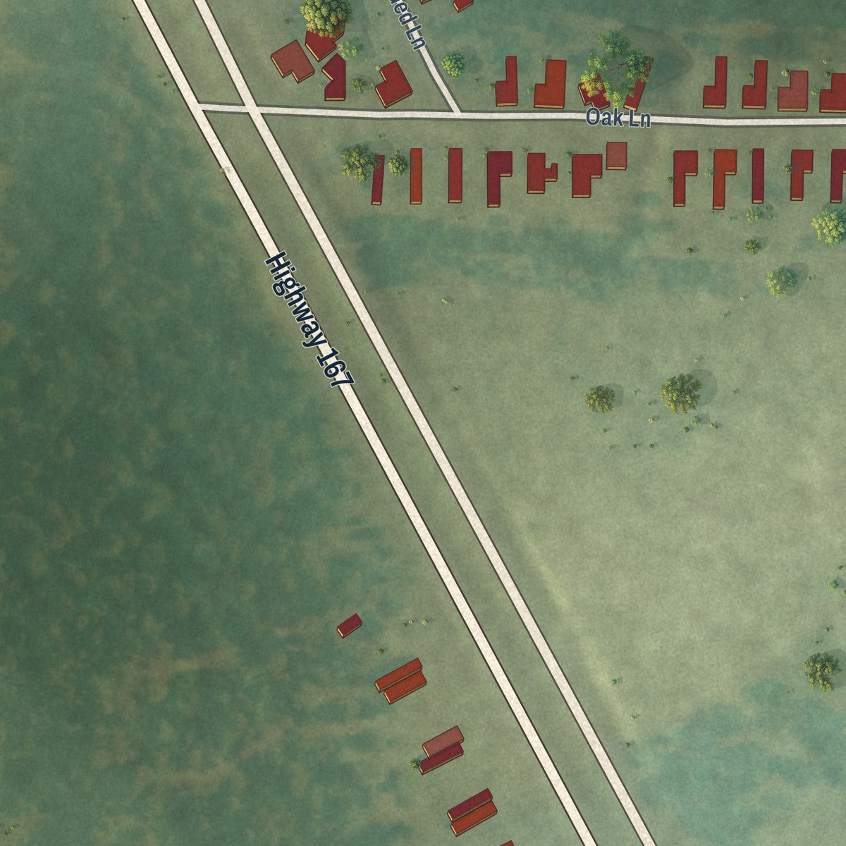 Second close-up of the map of Creola, Louisiana print showing more streets and buildings