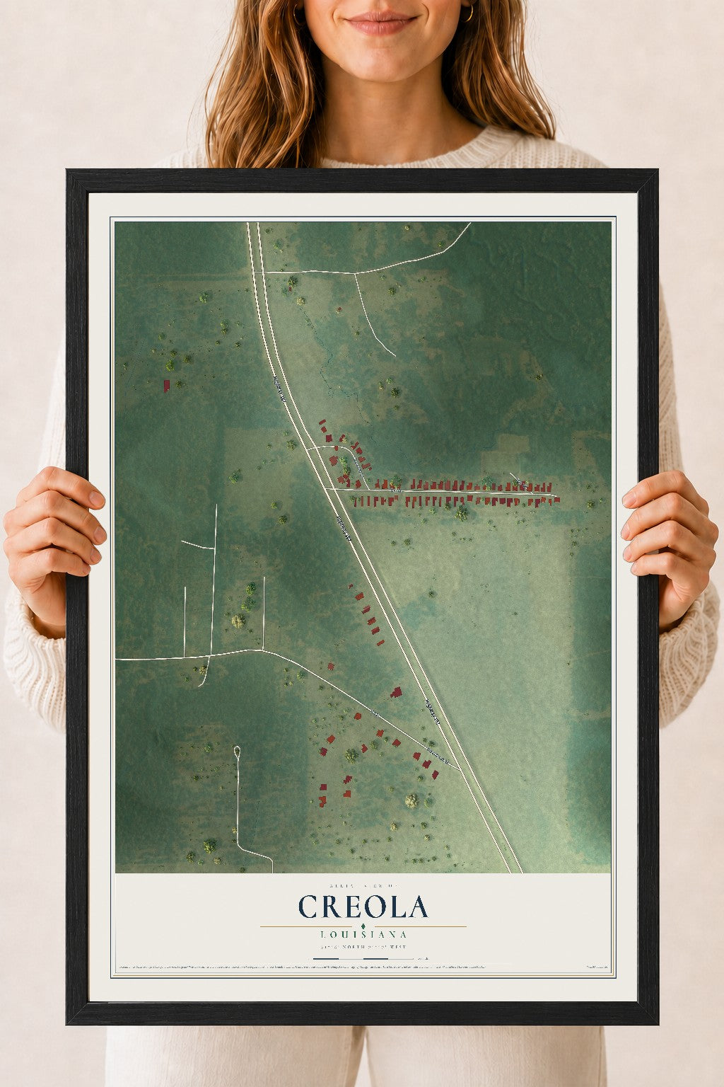 Map of Creola, Louisiana, 18 x 24 inch print in a black wood frame