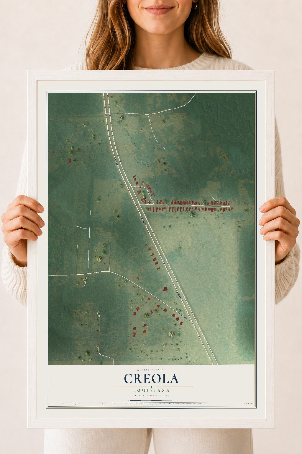 Map of Creola, Louisiana, 18 x 24 inch print in a white wood frame