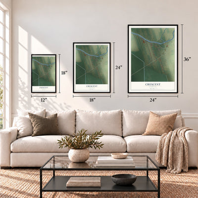 Crescent, Louisiana map in 12 x 18, 18 x 24 and 24 x 36 inch sizes above a sofa