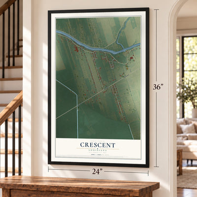Crescent, Louisiana map, 24 x 36 inch print in a black frame by a staircase