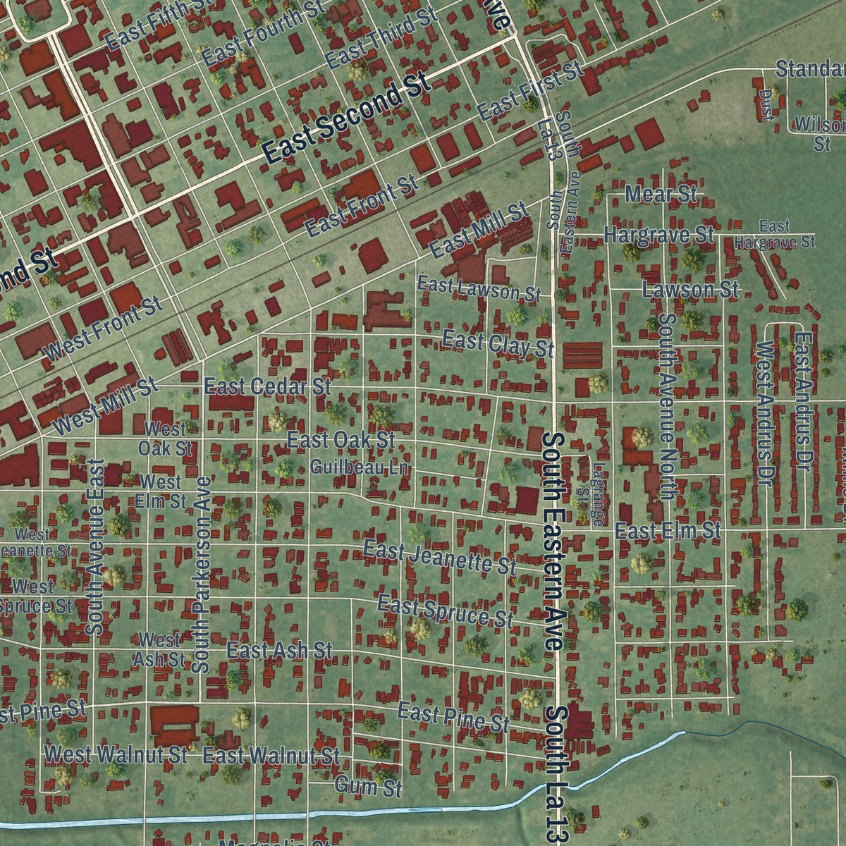 Close-up of the map of Crowley, Louisiana print showing street and building detail