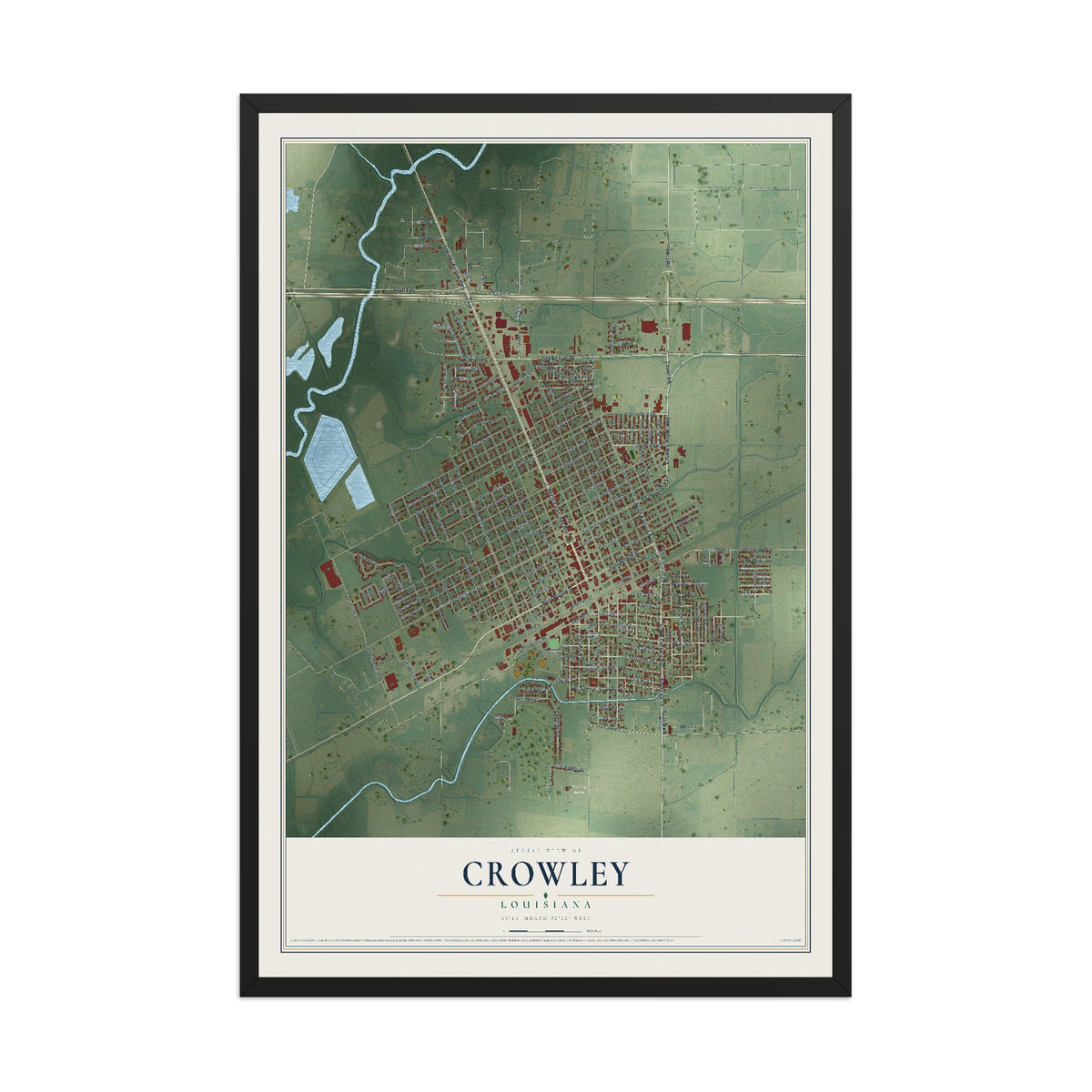 Map of Crowley, Louisiana, 12 x 18 inch print in a black wood frame