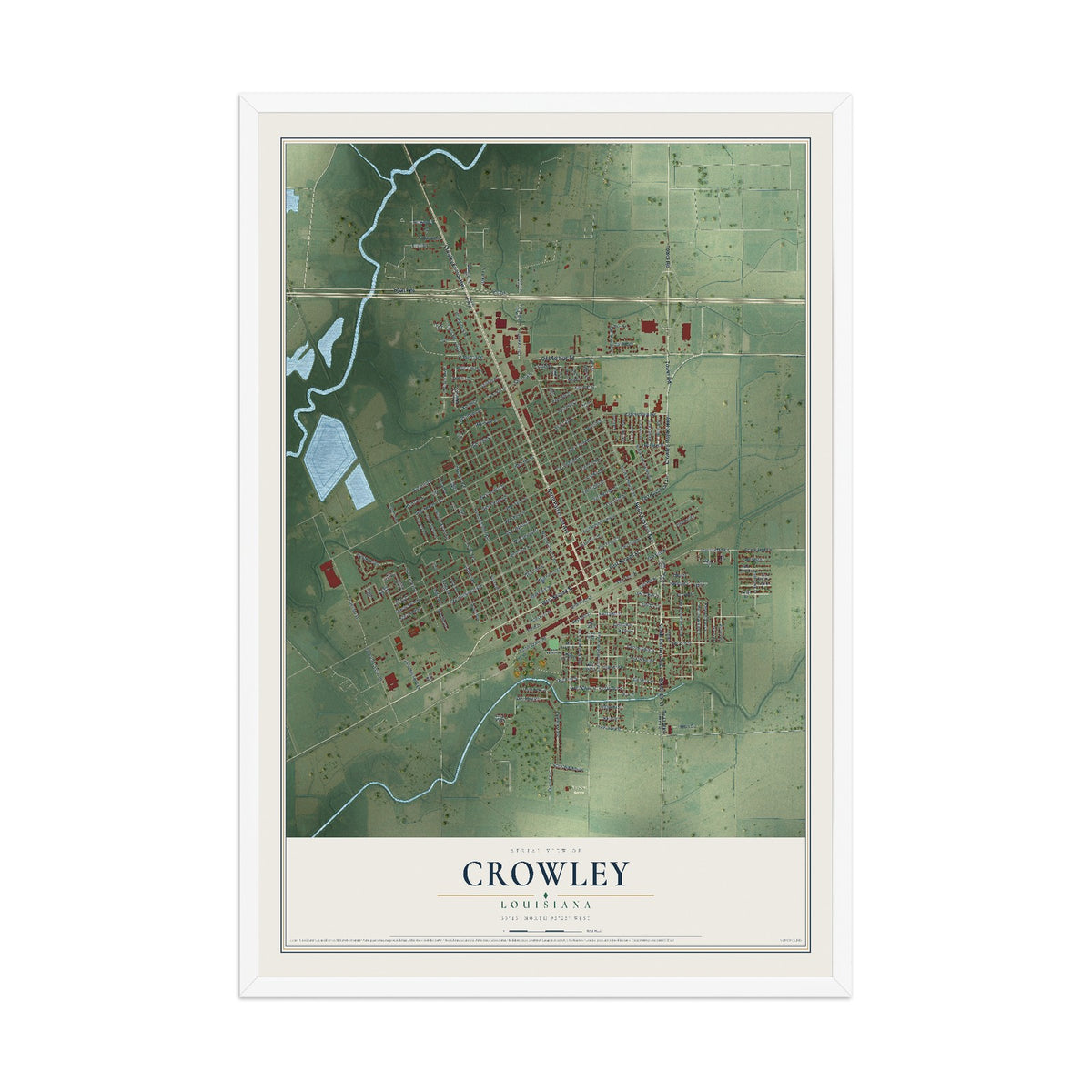 Map of Crowley, Louisiana, 12 x 18 inch print in a white wood frame