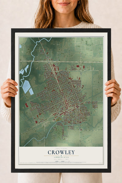 Map of Crowley, Louisiana, 18 x 24 inch print in a black wood frame