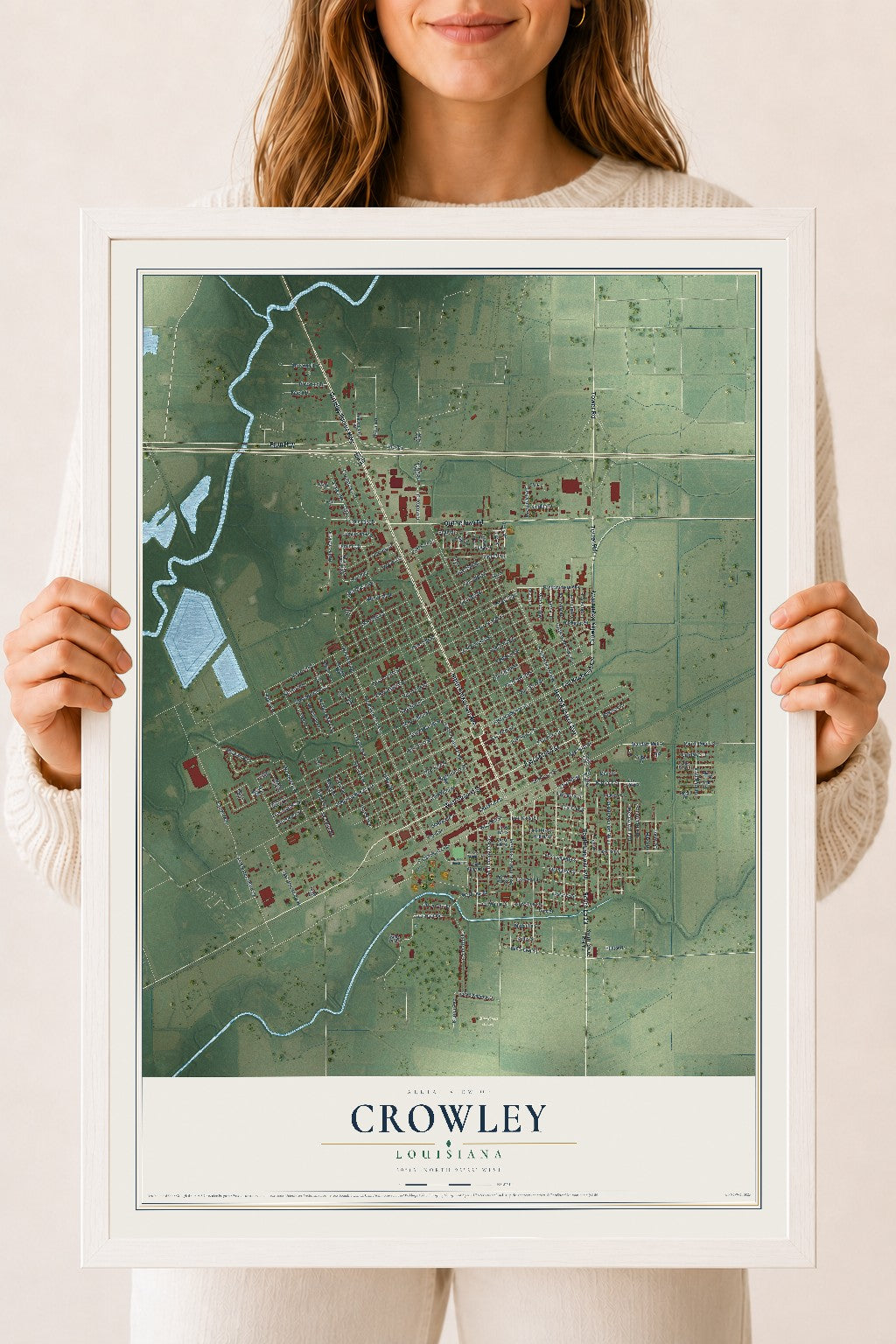 Map of Crowley, Louisiana, 18 x 24 inch print in a white wood frame