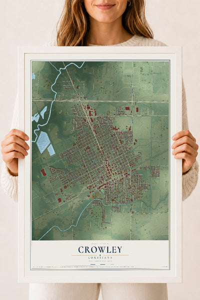 Map of Crowley, Louisiana, 18 x 24 inch print in a white wood frame