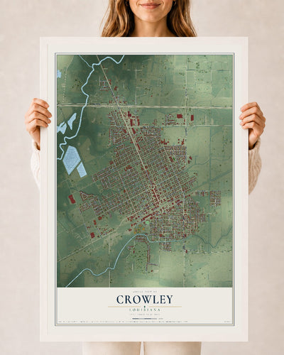 Map of Crowley, Louisiana, 24 x 36 inch print in a white wood frame
