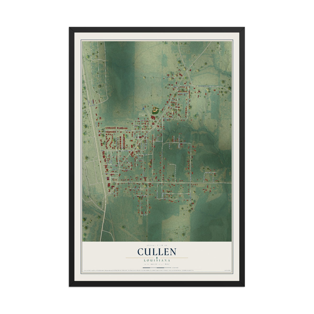 Map of Cullen, Louisiana, 12 x 18 inch print in a black wood frame