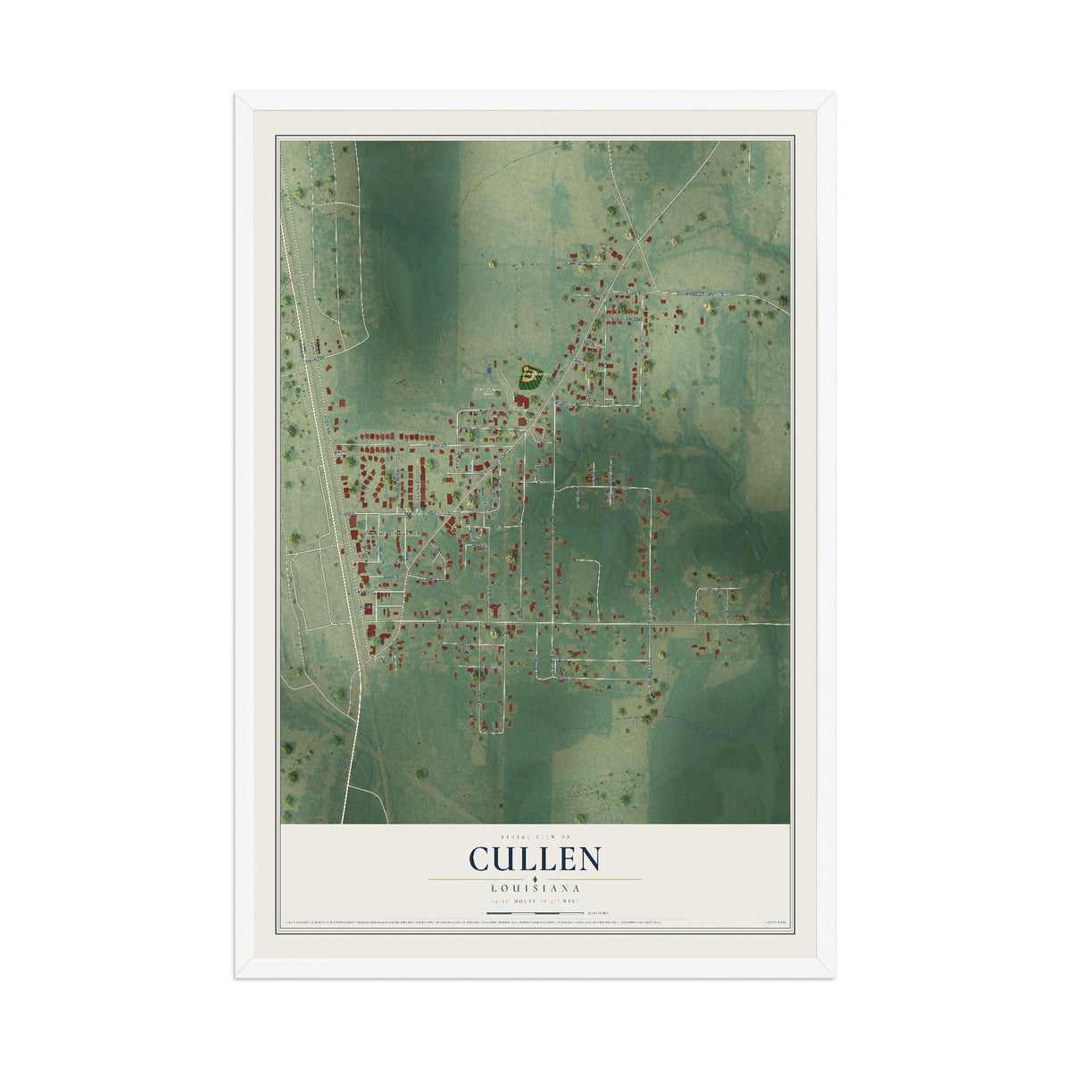 Map of Cullen, Louisiana, 12 x 18 inch print in a white wood frame