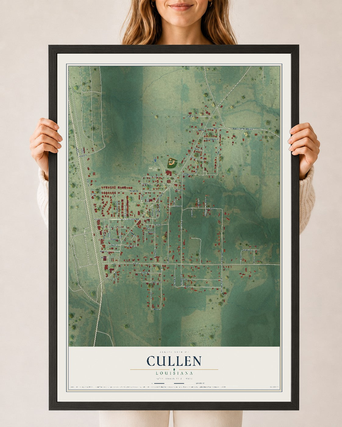 Map of Cullen, Louisiana, 24 x 36 inch print in a black wood frame