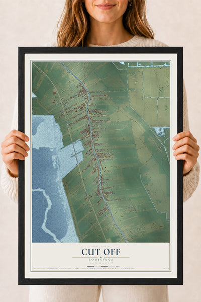 Map of Cut Off, Louisiana, 18 x 24 inch print in a black wood frame