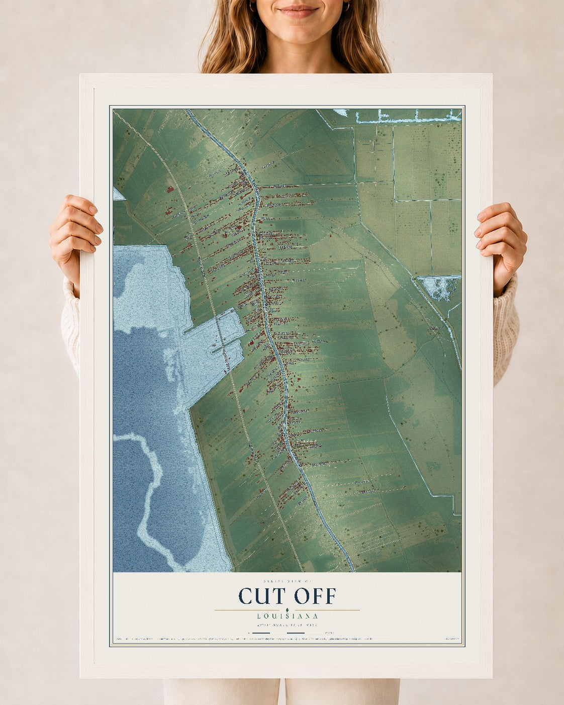 Map of Cut Off, Louisiana, 24 x 36 inch print in a white wood frame
