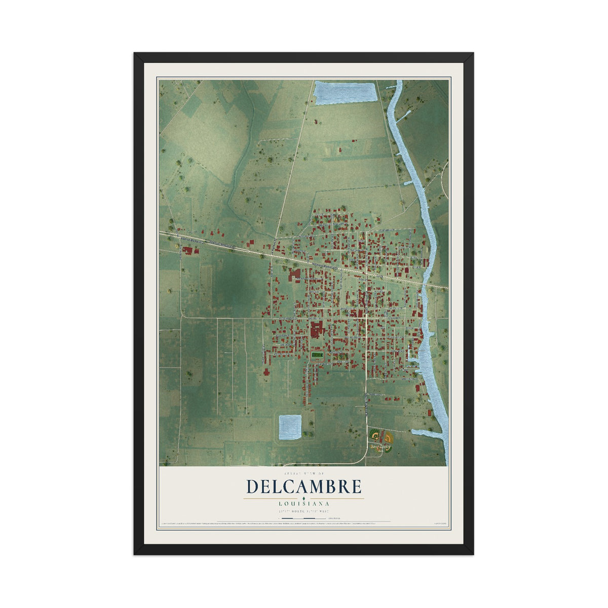 Map of Delcambre, Louisiana, 12 x 18 inch print in a black wood frame