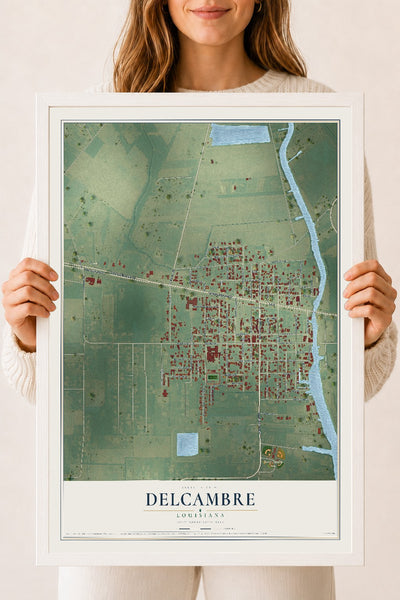 Map of Delcambre, Louisiana, 18 x 24 inch print in a white wood frame