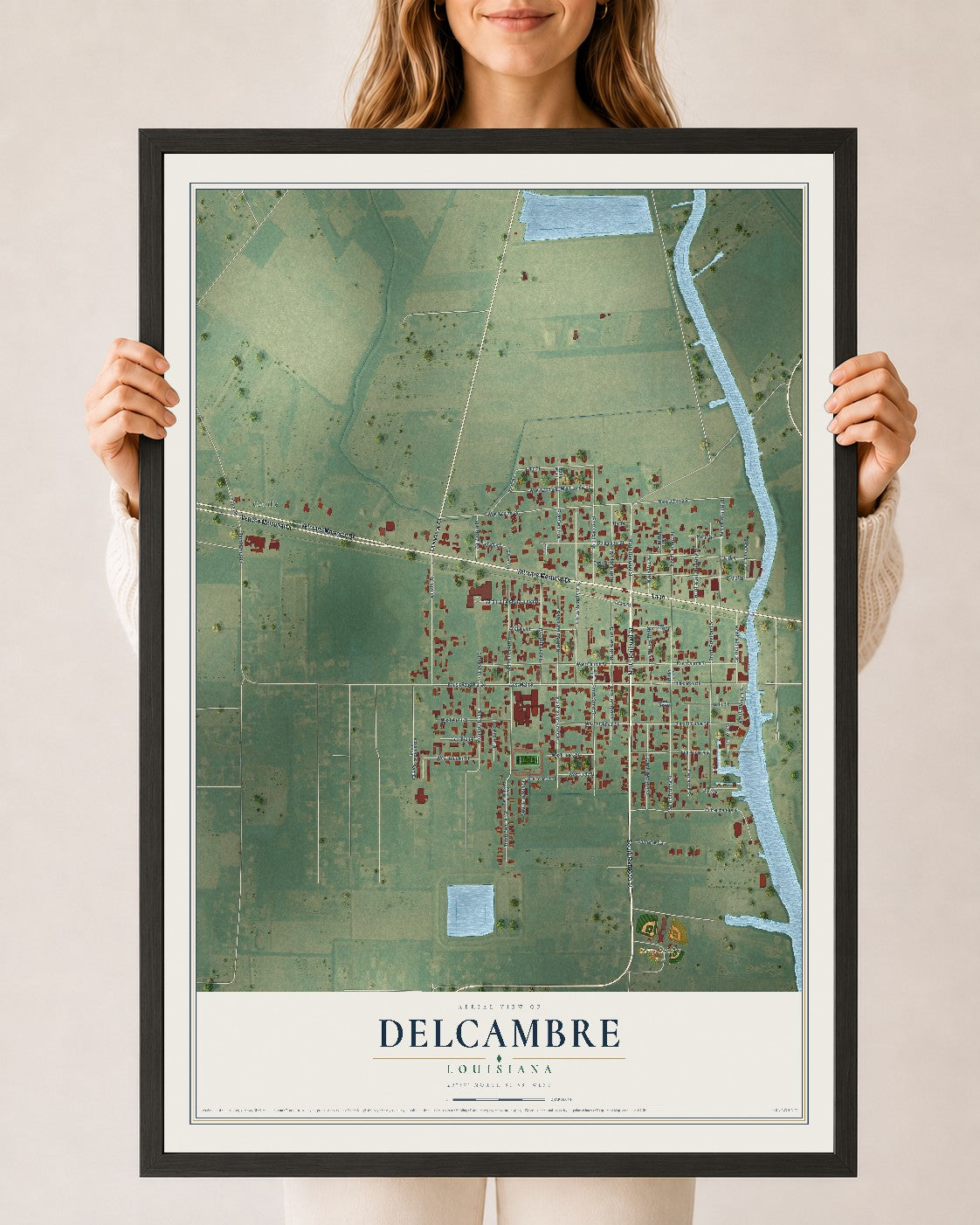 Map of Delcambre, Louisiana, 24 x 36 inch print in a black wood frame