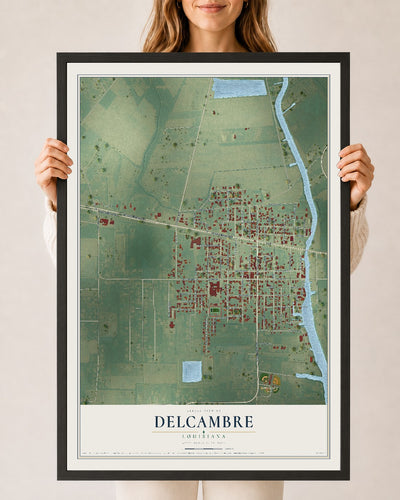Map of Delcambre, Louisiana, 24 x 36 inch print in a black wood frame