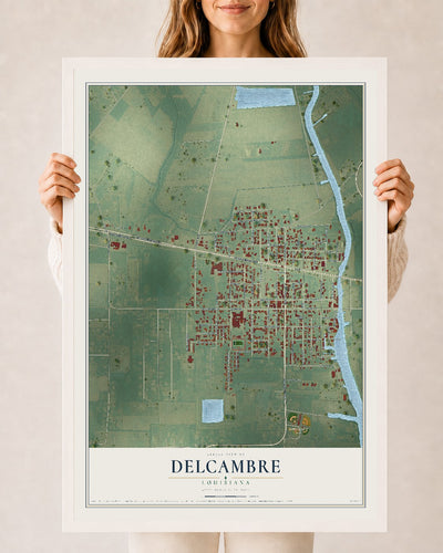 Map of Delcambre, Louisiana, 24 x 36 inch print in a white wood frame