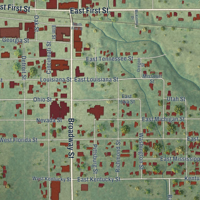Close-up of the map of Delhi, Louisiana print showing street and building detail