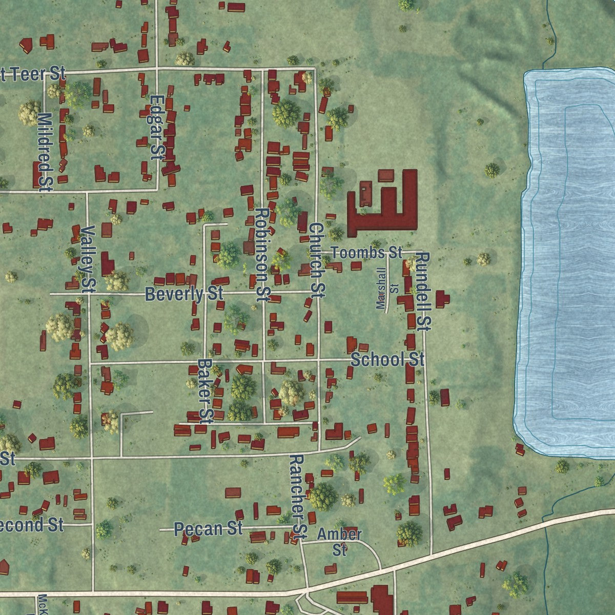 Second close-up of the map of Delhi, Louisiana print showing more streets and buildings