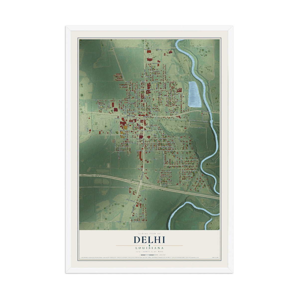 Map of Delhi, Louisiana, 12 x 18 inch print in a white wood frame