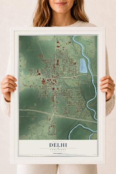 Map of Delhi, Louisiana, 18 x 24 inch print in a white wood frame