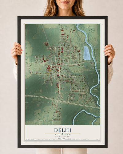Map of Delhi, Louisiana, 24 x 36 inch print in a black wood frame
