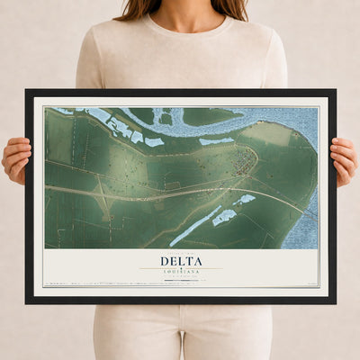 Map of Delta, Louisiana, 12 x 18 inch print in a black wood frame