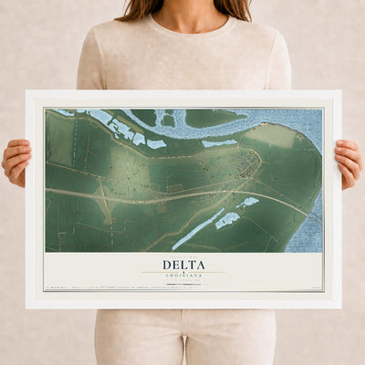 Map of Delta, Louisiana, 12 x 18 inch print in a white wood frame