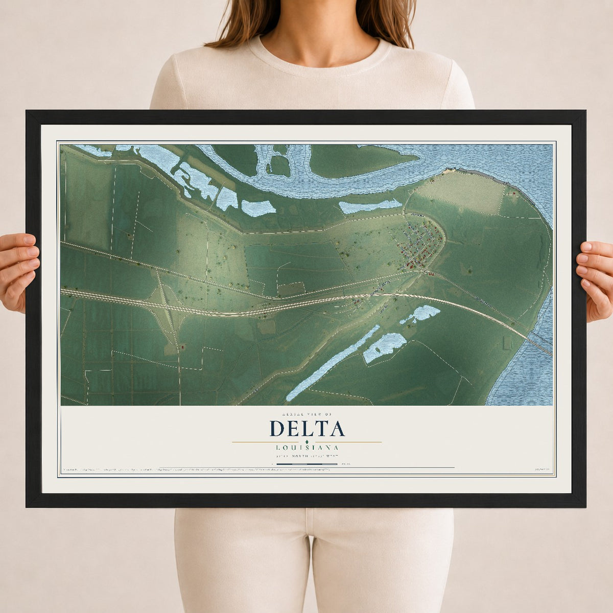 Map of Delta, Louisiana, 18 x 24 inch print in a black wood frame