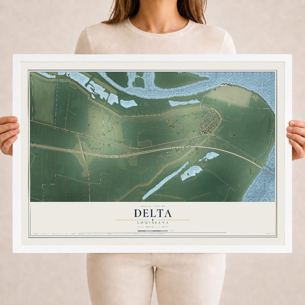 Map of Delta, Louisiana, 18 x 24 inch print in a white wood frame